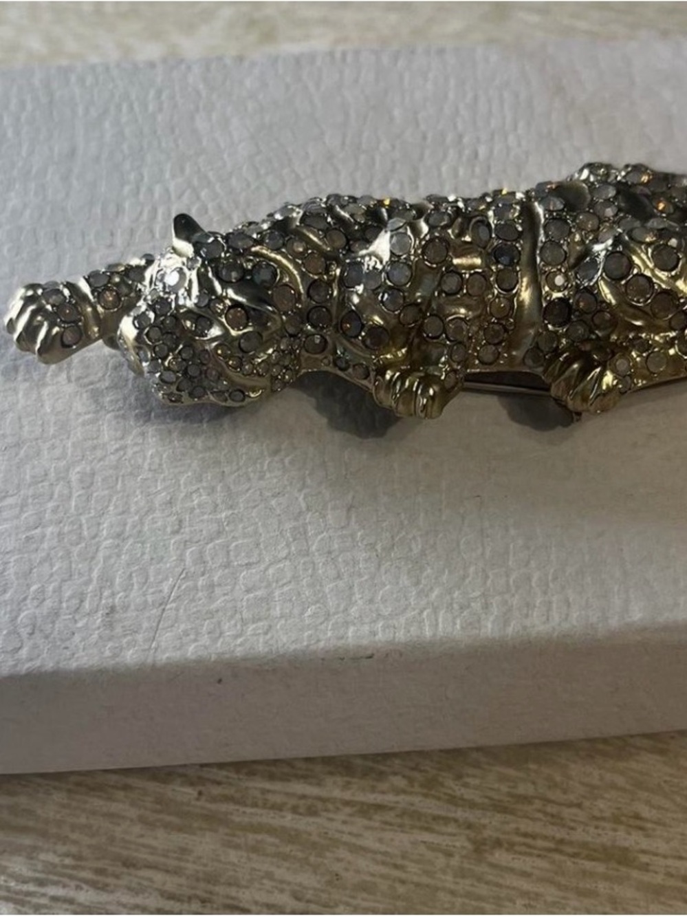 Vintage Rhinestone Leopard Brooch in Silver Tone